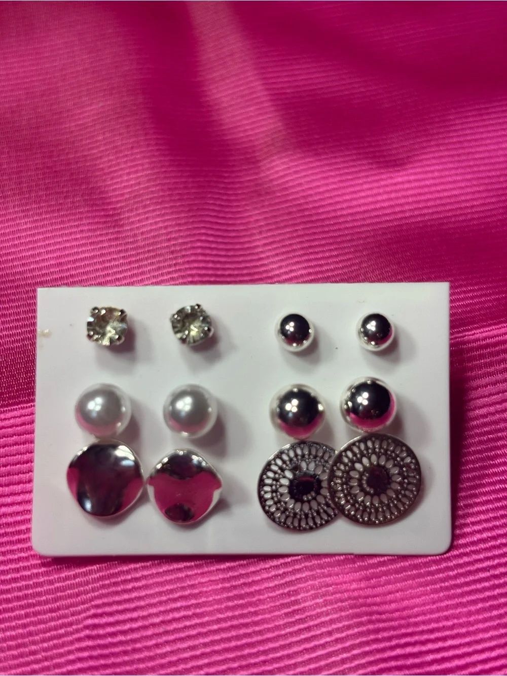 New 6-Pair Mixed Stud Earring Set — Silver & Pearl Tones